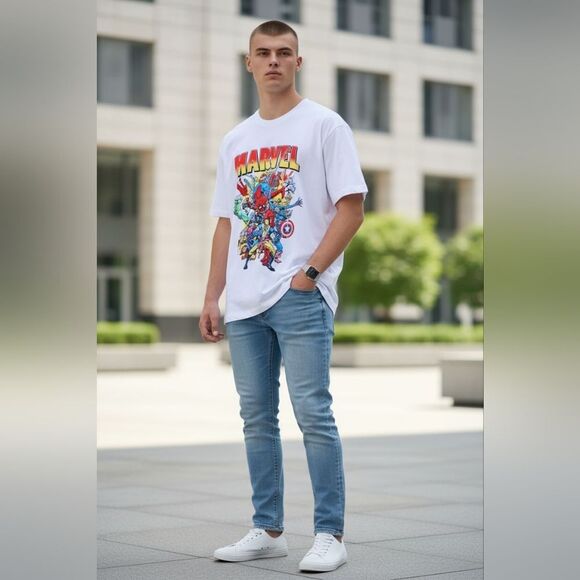 Marvel White T-Shirt with Colorful Superhero Print - Picture 2 of 6